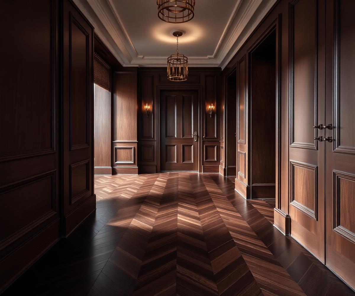 Dark walnut chevron parquet in a London hallway