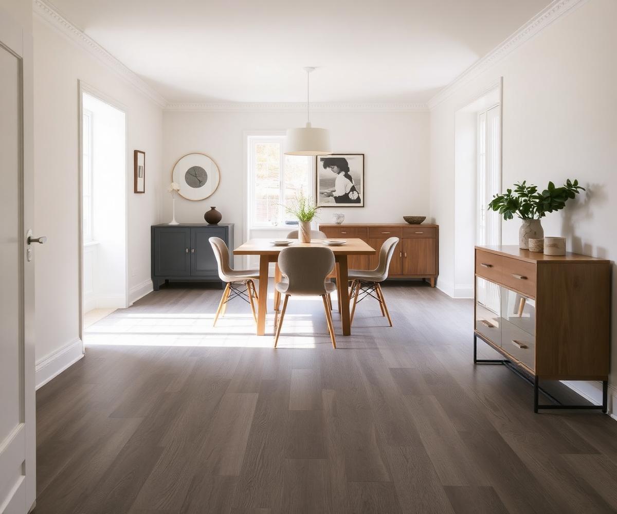 Grey engineered oak flooring in a Brighton dining room